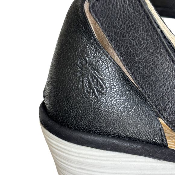 FLY London Yake Perforated Leather Wedge Sandals Black‎ Nubuck Sz 40 White Sole - Picture 7 of 16